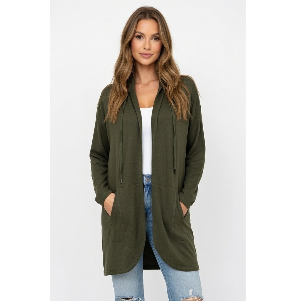 Cyrus Women's Khaki Green Long Blazer Cardigan M Open Front Hooded Duster VG